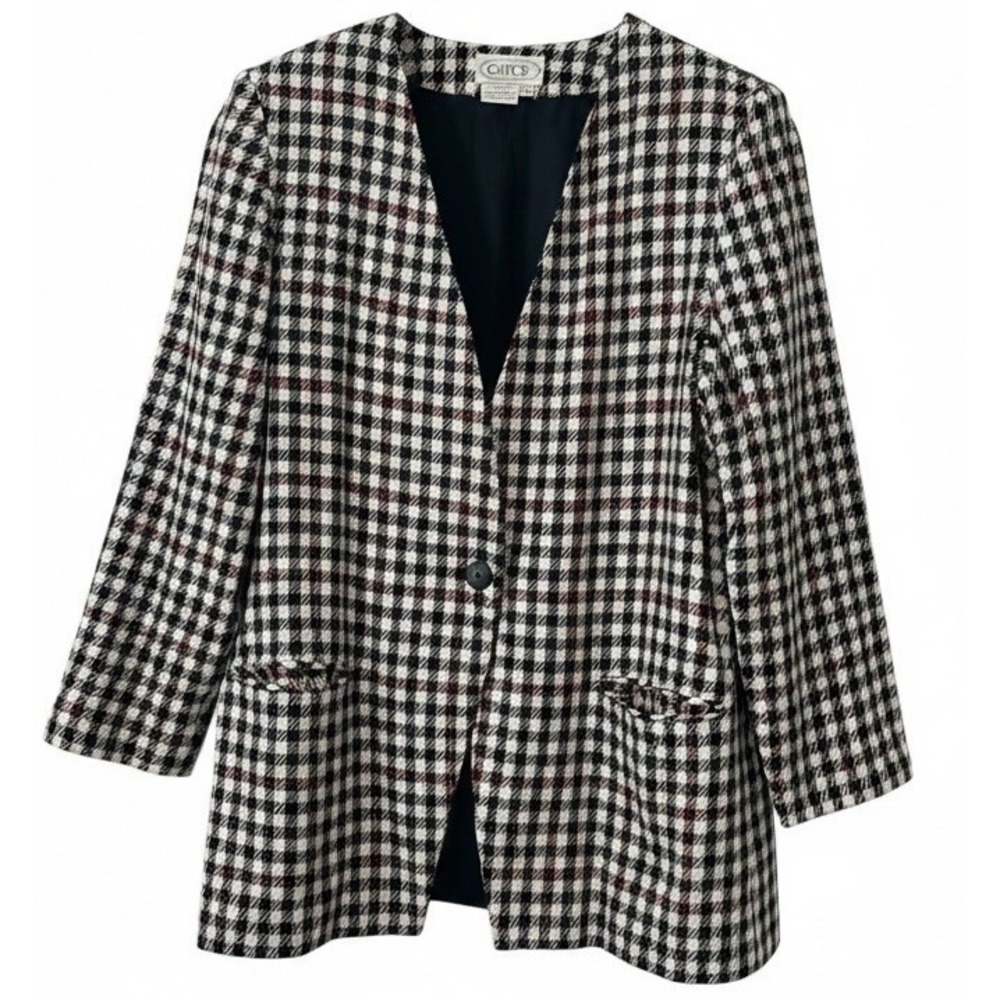 Vintage Gilmor Wool Blend Plaid Blazer One Button Size 16 Academia Houndstooth